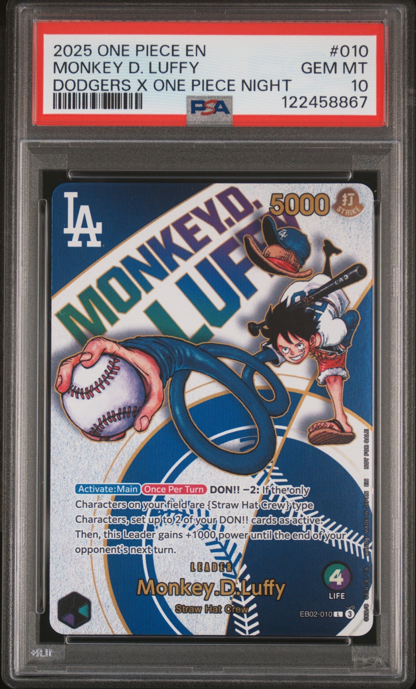 2025 One Piece En Dodgers X One Piece Night #010 Monkey D. Luffy PSA 10 GEM MINT - Graded Cards