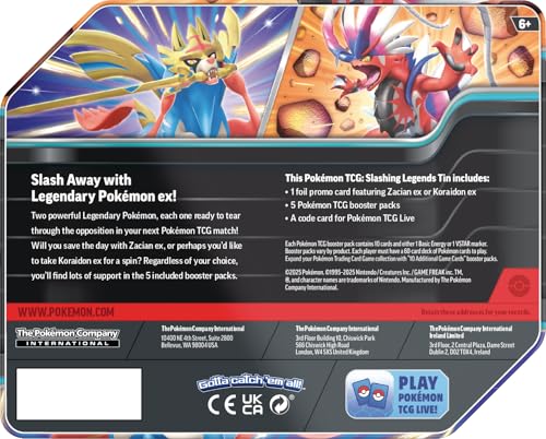 Pokemon TCG: Slashing Legends Tin - Koraidon ex - 5 Packs, Promo Card - 2