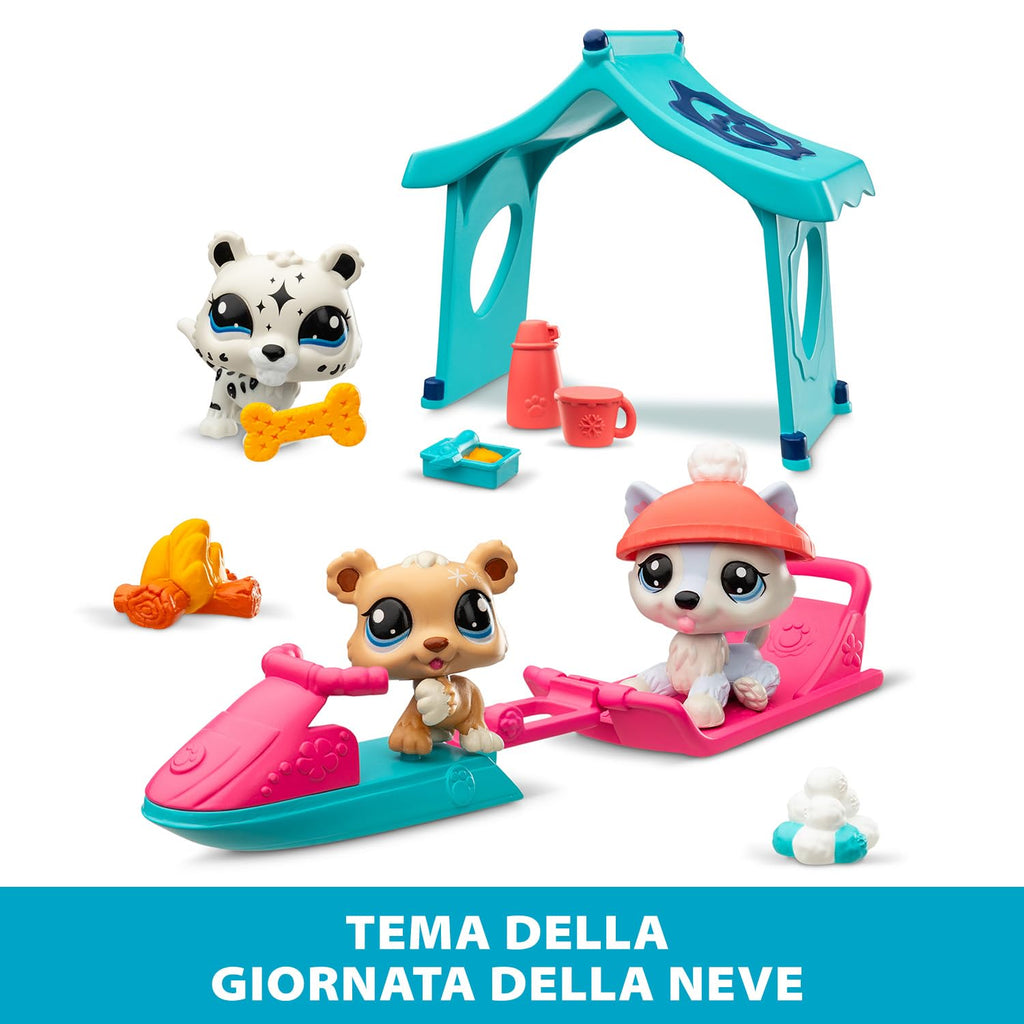 BANDAI Littlest Pet Shop Snow Day Set BF00534 Includes 3 Pets, 3 Accessories, 1 Collector Card, 1 Virtual Code, 1 Snowmobile, 1 Sled, Generation 7 (#107, #108, #109),4 Years+ - 6