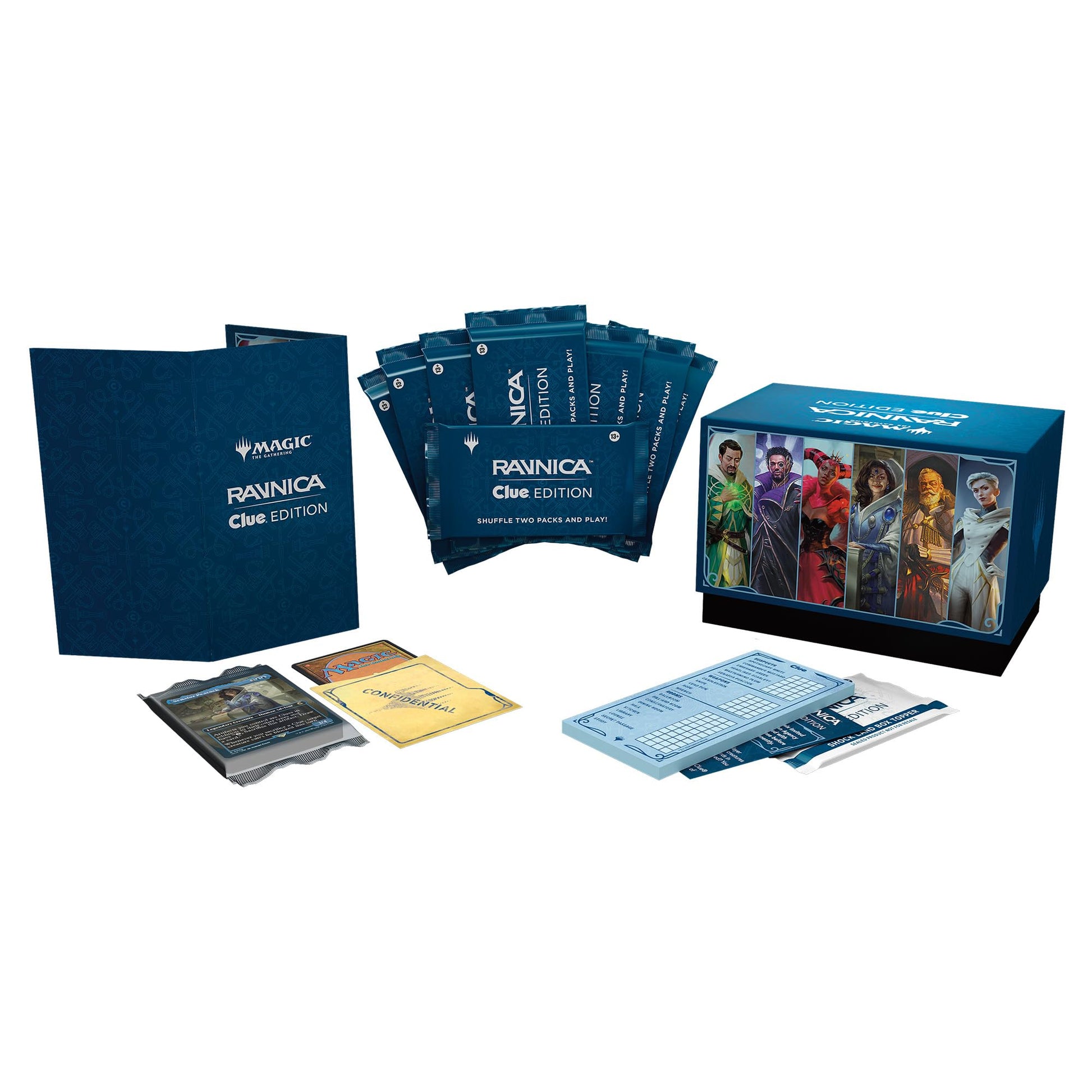 Magic: The Gathering Ravnica: Clue Edition - 3-4 Player Murder Mystery Card Game (Includes 8 Ready-to-Play Boosters, 21 Evidence Cards, 1 Foil Shock Land, and Detective Game Accessories) - 5