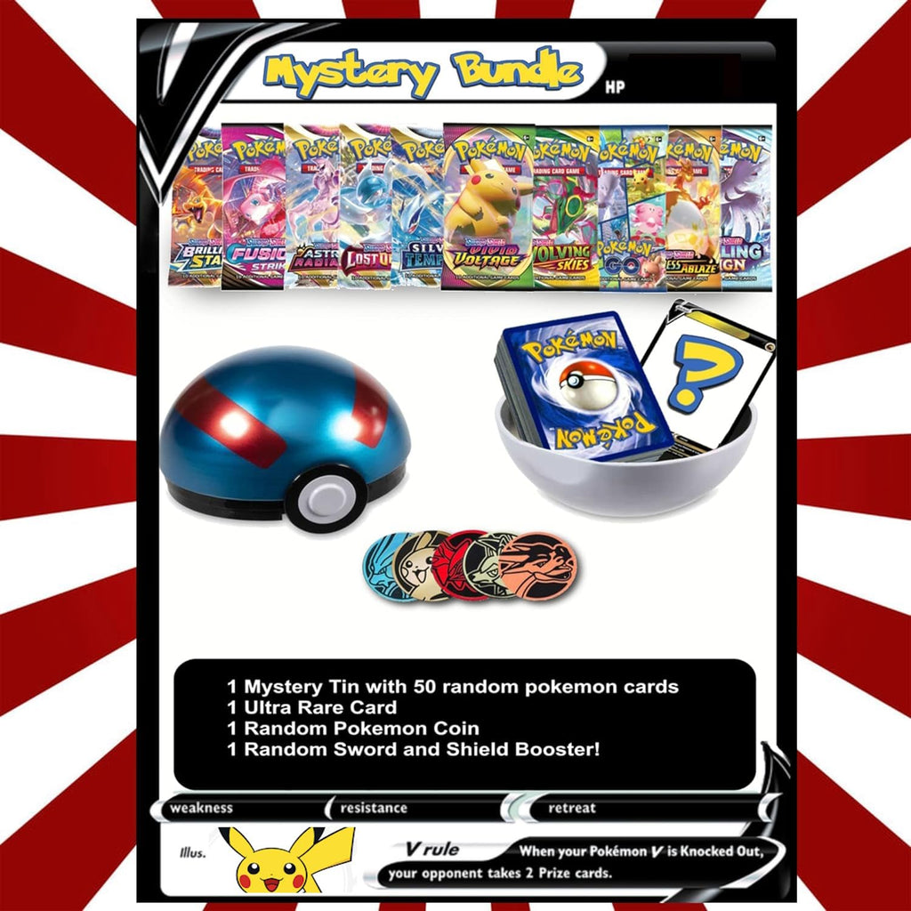 Pokemon TCG - Party Bundle (50 Assorted Cards in a Tin, 1 Ultra Rare Card, 1 Factory Sealed Booster Pack, 1 Coin)