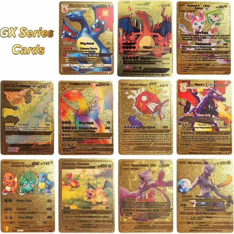 55 PCS Gold Cards Packs Vmax DX GX Rare Golden Cards Deck Box Gold Foil Card for Birthday Party Favors Gifts (No Duplicates) Golden - 7