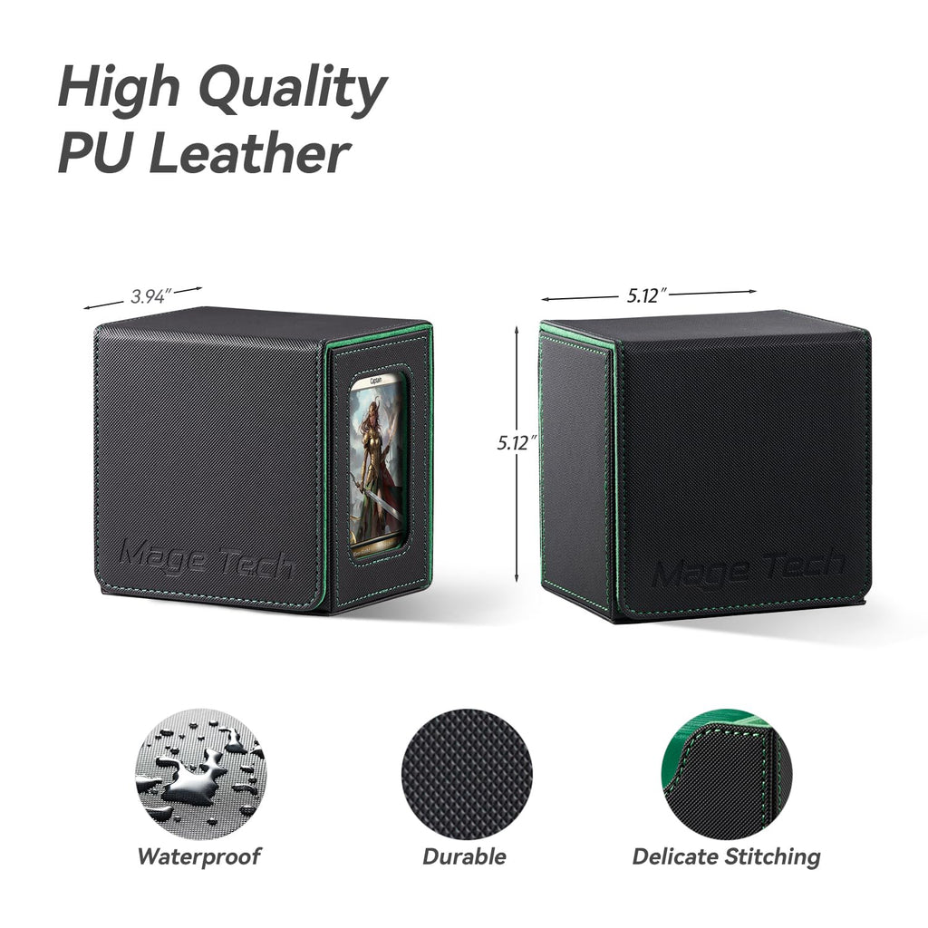 Mage Tech Card Deck Box for MTG Commander - Patented Design, Commander Display, Fits 100 Double-Sleeved Cards, 35pt Card Brick & Dice Tray - Black/Green - 4