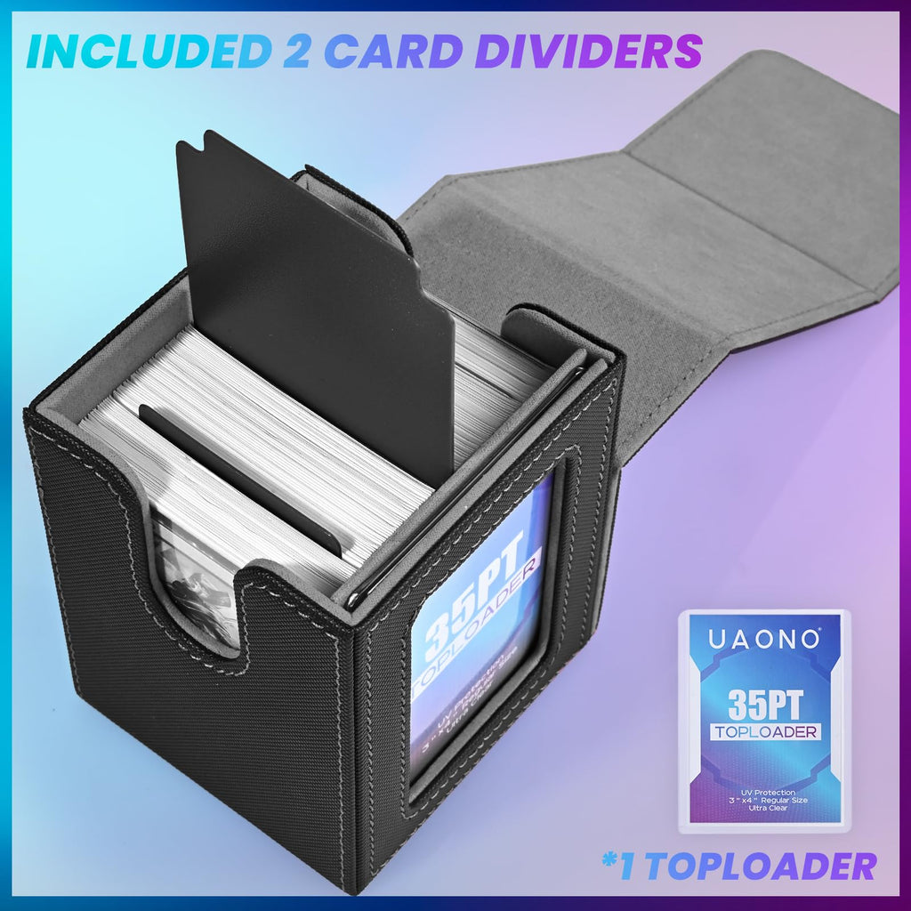 UAONO Card Deck Box with MTG Commander Display, Deck Case Holds 100+ Double-Sleeved Cards, Trading Card Storage Box Fits TCG/PTCG/Sports Card with 2 Dividers, 1 Top Loaders (Black) - 5