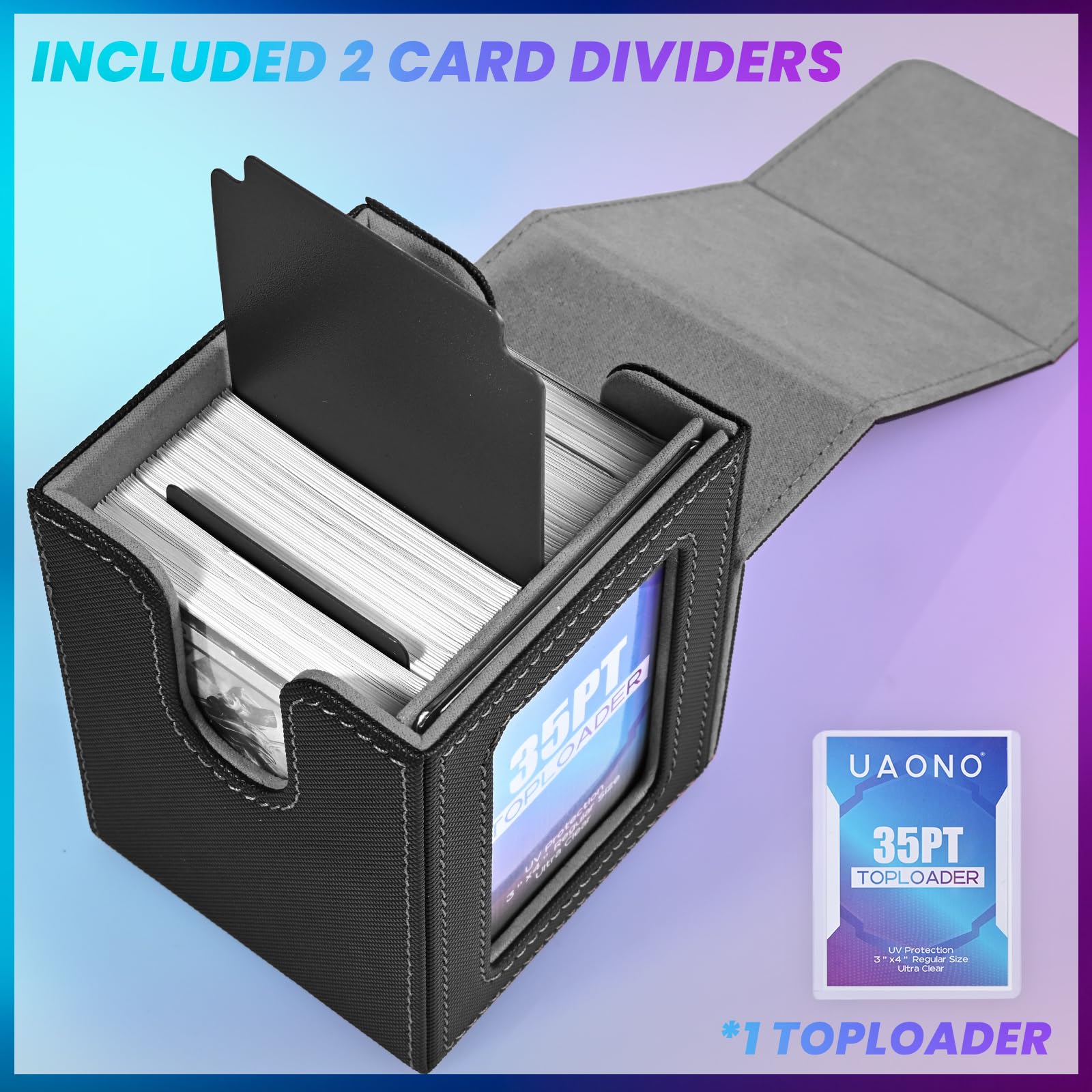 UAONO Card Deck Box with MTG Commander Display, Deck Case Holds 100+ Double-Sleeved Cards, Trading Card Storage Box Fits TCG/PTCG/Sports Card with 2 Dividers, 1 Top Loaders (Black) - 5