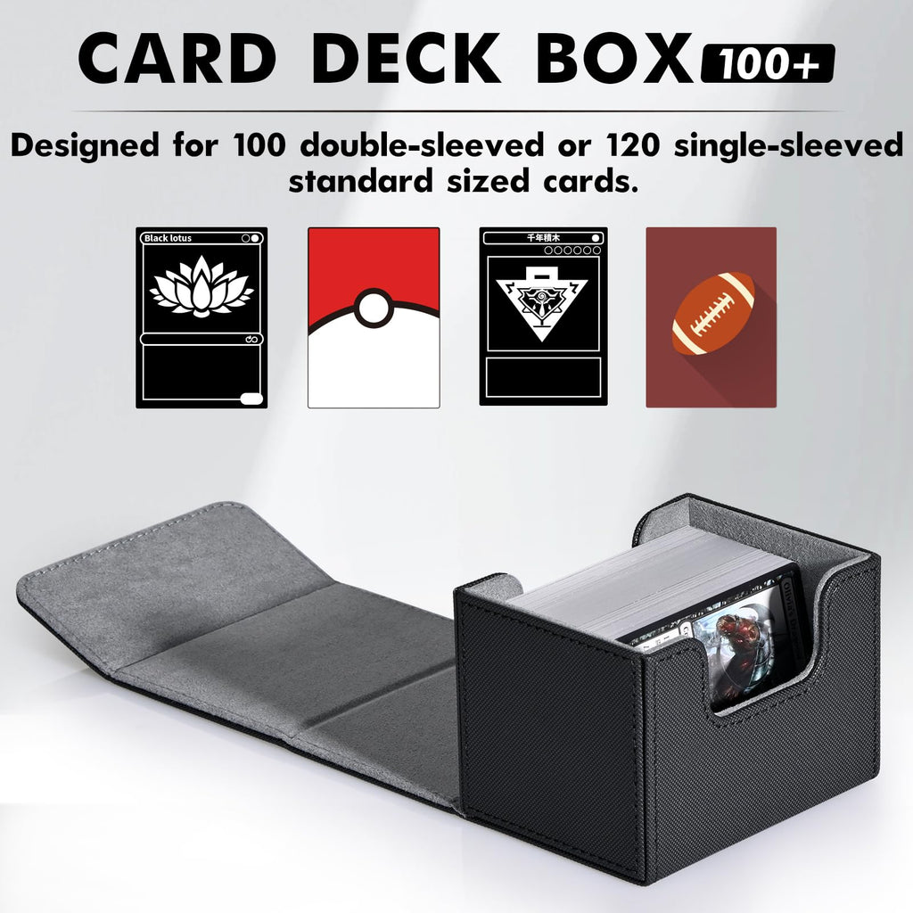 ZLCA Card Deck Box for Trading Cards, MTG Commander Deck Box Holds 120+ Single Sleeved Cards, Leather Magnetic Card Storage Box Fits for TCG CCG Magic Cards (Black) - 7