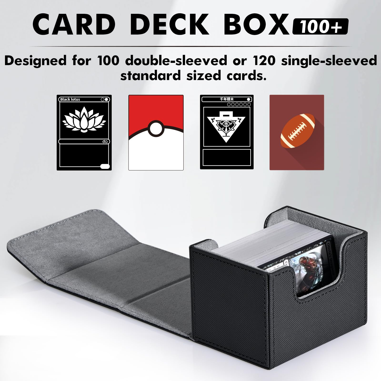 ZLCA Card Deck Box for Trading Cards, MTG Commander Deck Box Holds 120+ Single Sleeved Cards, Leather Magnetic Card Storage Box Fits for TCG CCG Magic Cards (Black) - 7