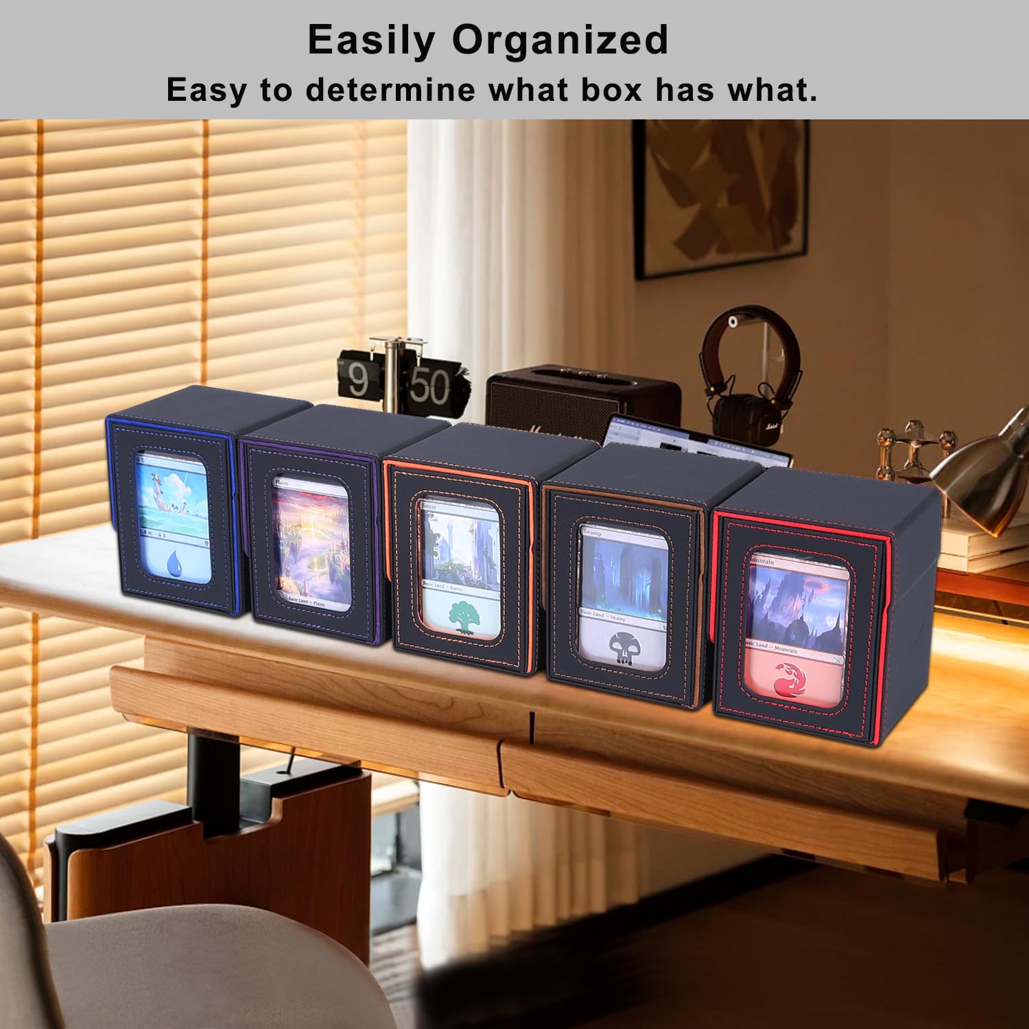 AFIING MTG Deck Box for Commander Display,Card Deck Box Fits 100 Double Sleeved Cards, Magic Commander TCG Card Storage Box with 2 Dividers,Drawstring Bag and 1 Toploader(Black/Red) - 4