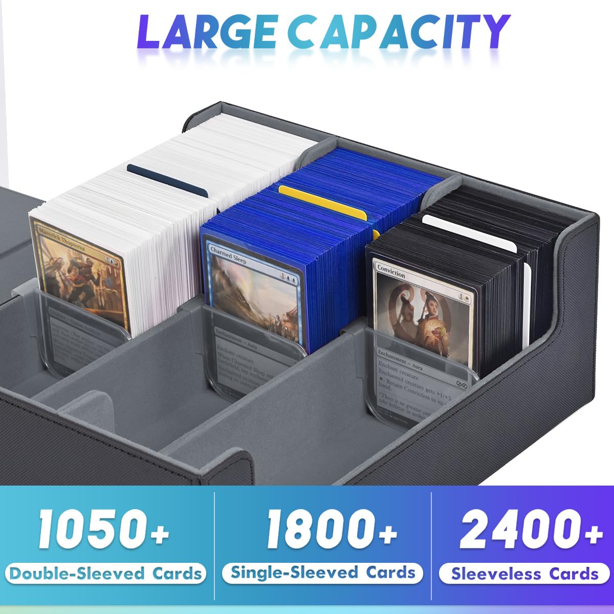 UAONO Card Storage Box for Trading Cards, 1800+ PU Leather Commander Card Deck Case, Magnetic Closure Card Holder Fits for Magic Game Cards (Black) - 7