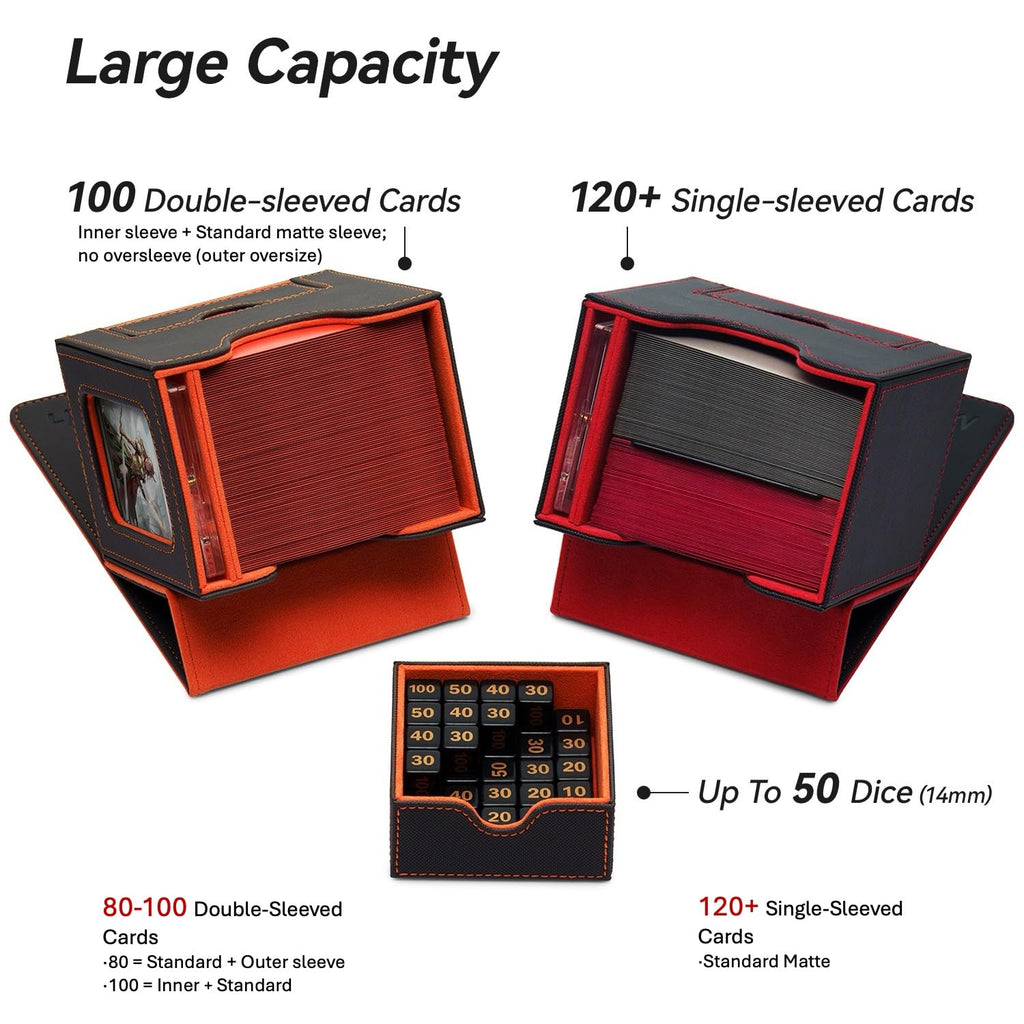 Mage Tech Card Deck Box for MTG Commander - Patented Design, Commander Display, Fits 100 Double-Sleeved Cards, 35pt Card Brick & Dice Tray - Black/Green - 5