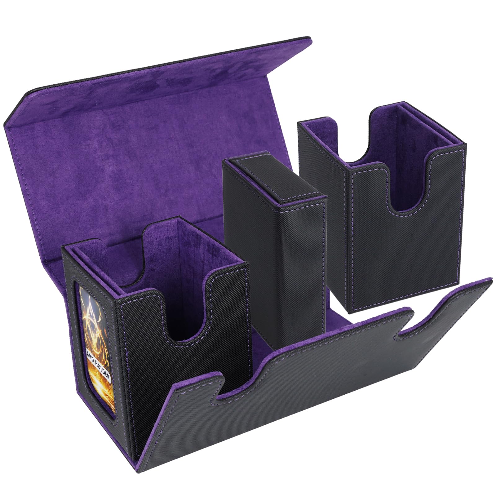 AFIING MTG Commander Deck Box 200 Double Sleeved Cards Storage, 3-in-1 Magnetic Card Case Organizer for Magic: The Gathering TCG CCG, 4 Dividers & 2 Toploaders Black/Purple - 6