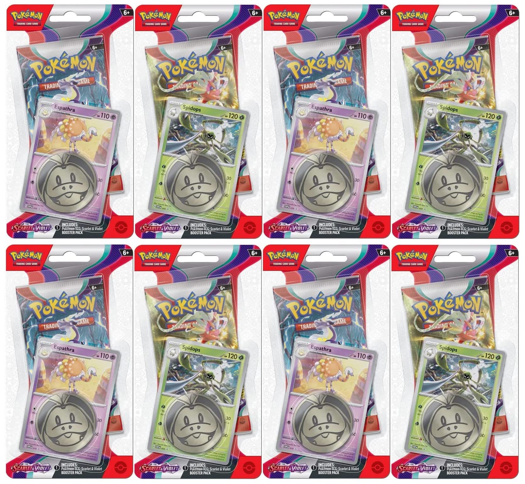 Pokemon TCG: Scarlet and Violet Checklane Espathra and Spidops Blister Booster Pack Bundle, 8 Packs 80 Cards