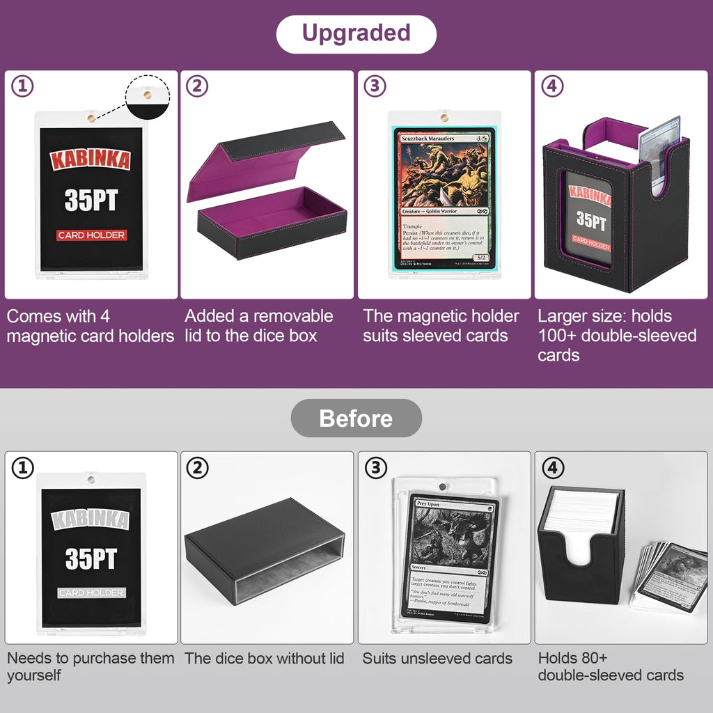 Kabinka Commander Deck Box for MTG Fits 400+ Double-Sleeved Card Storage, 5 IN 1 Removable Card Case with Dice Tray, Display Window for TCG/PTCG/EDH, 4 Magnetic One Touch Holders (Black Purple) - 6