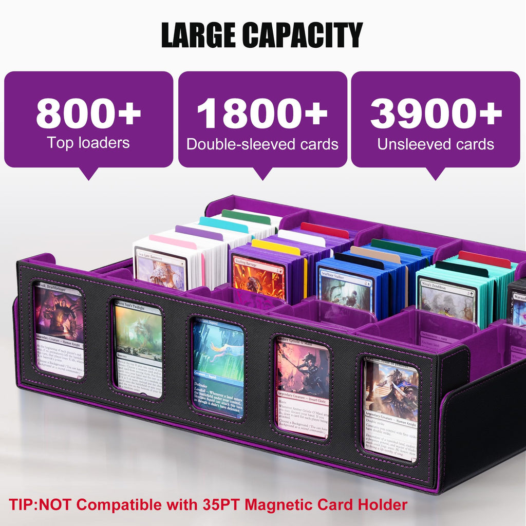Trading Card Storage Box with Commander Display , 5-Row Deck Case with Removable Lid; 3900+ Card Deck Box for MTG TCG Sports Card, 5 Top Loaders, 5 Stoppers, 48 Dividers,1 Dice Tray (Black Purple) - 6