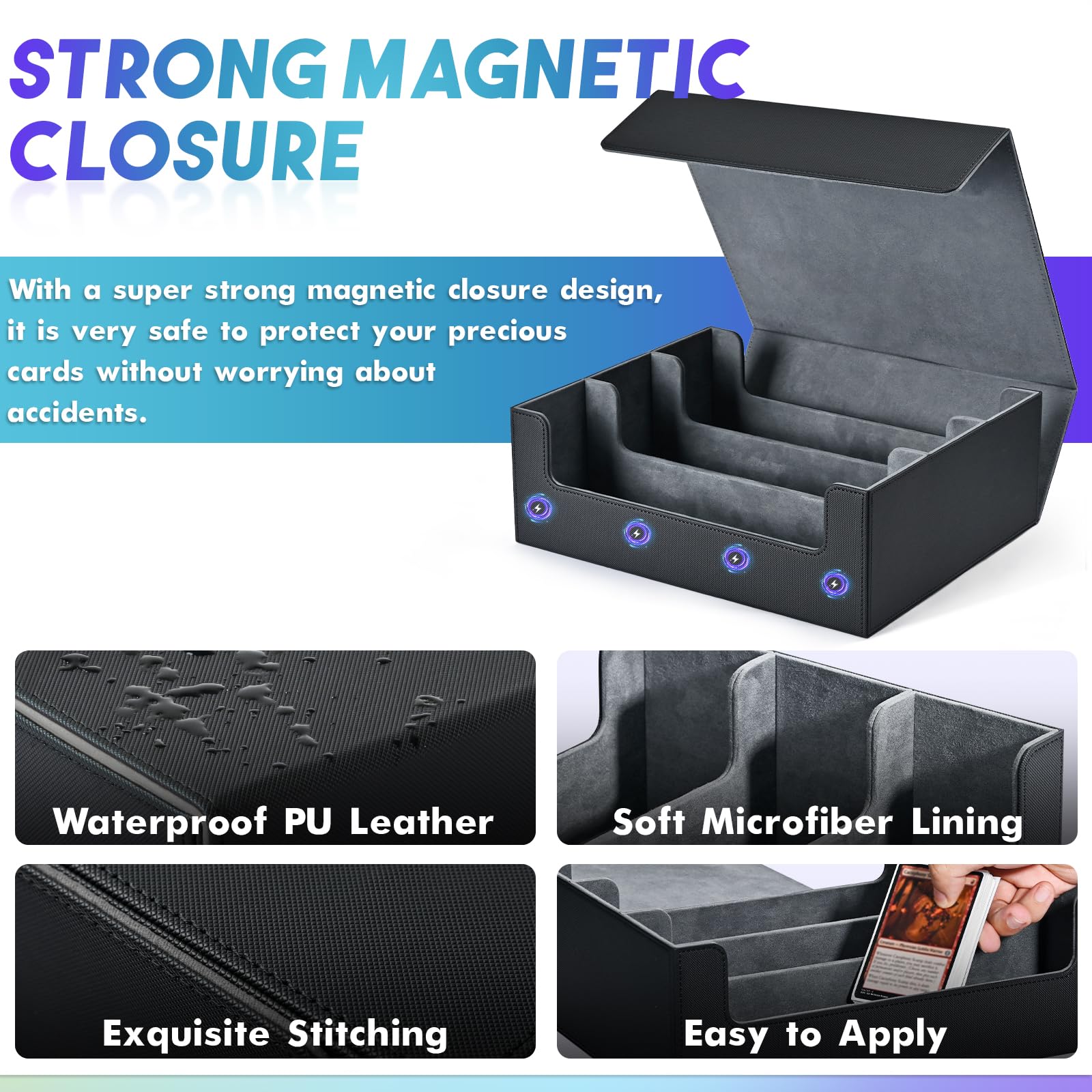 UAONO Card Storage Box for Trading Cards, 1800+ PU Leather Commander Card Deck Case, Magnetic Closure Card Holder Fits for Magic Game Cards (Black) - 4