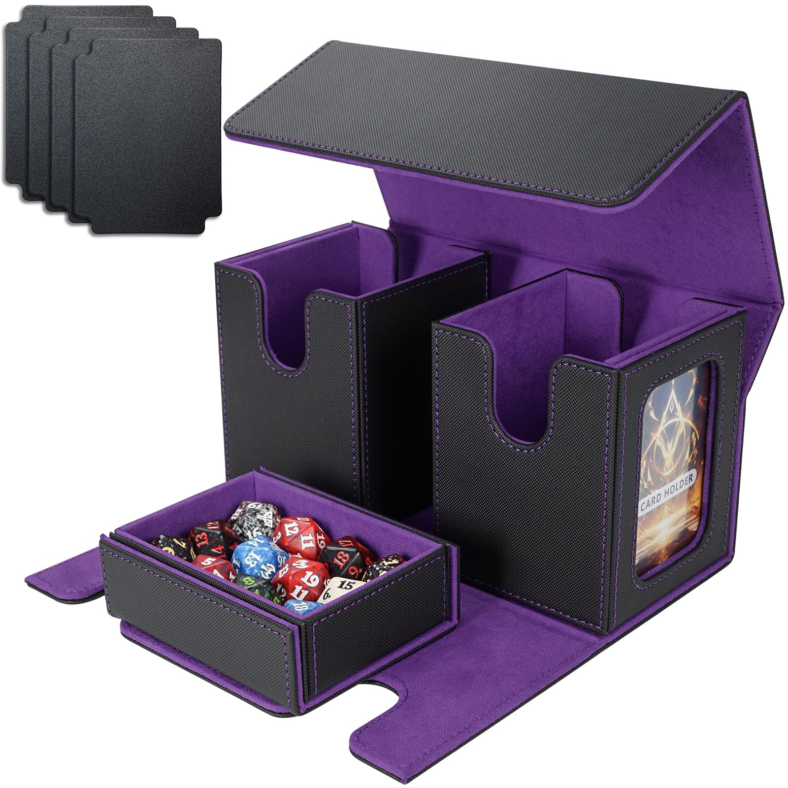 AFIING MTG Commander Deck Box 200 Double Sleeved Cards Storage, 3-in-1 Magnetic Card Case Organizer for Magic: The Gathering TCG CCG, 4 Dividers & 2 Toploaders Black/Purple
