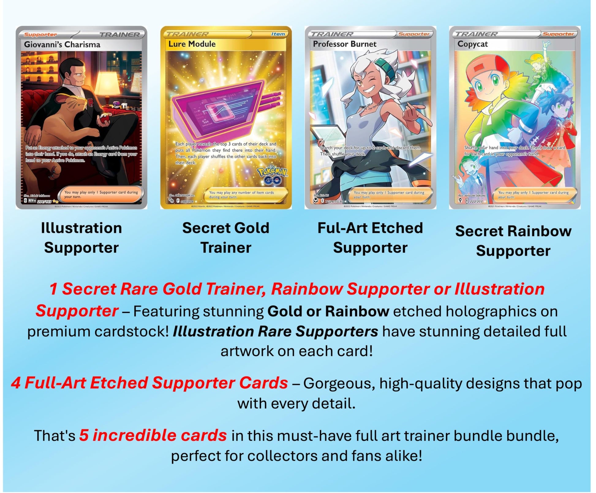Pokemon 5 Full Art Trainer Card Lot - X1 Secret Rare, X4 Full Art Etched Cards - No Duplicates - 6