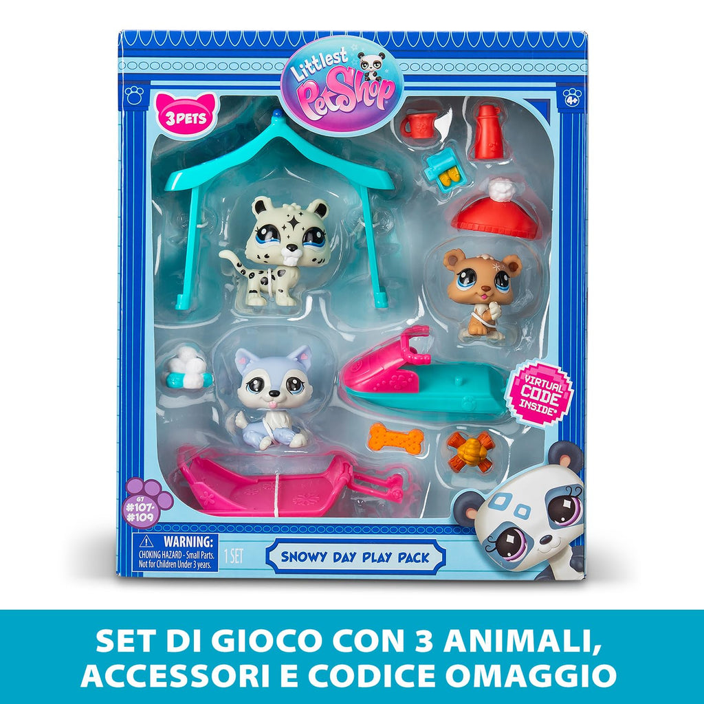 BANDAI Littlest Pet Shop Snow Day Set BF00534 Includes 3 Pets, 3 Accessories, 1 Collector Card, 1 Virtual Code, 1 Snowmobile, 1 Sled, Generation 7 (#107, #108, #109),4 Years+ - 7