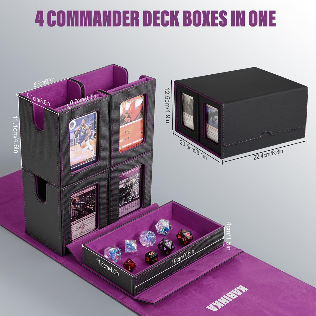 Kabinka Commander Deck Box for MTG Fits 400+ Double-Sleeved Card Storage, 5 IN 1 Removable Card Case with Dice Tray, Display Window for TCG/PTCG/EDH, 4 Magnetic One Touch Holders (Black Purple) - 4