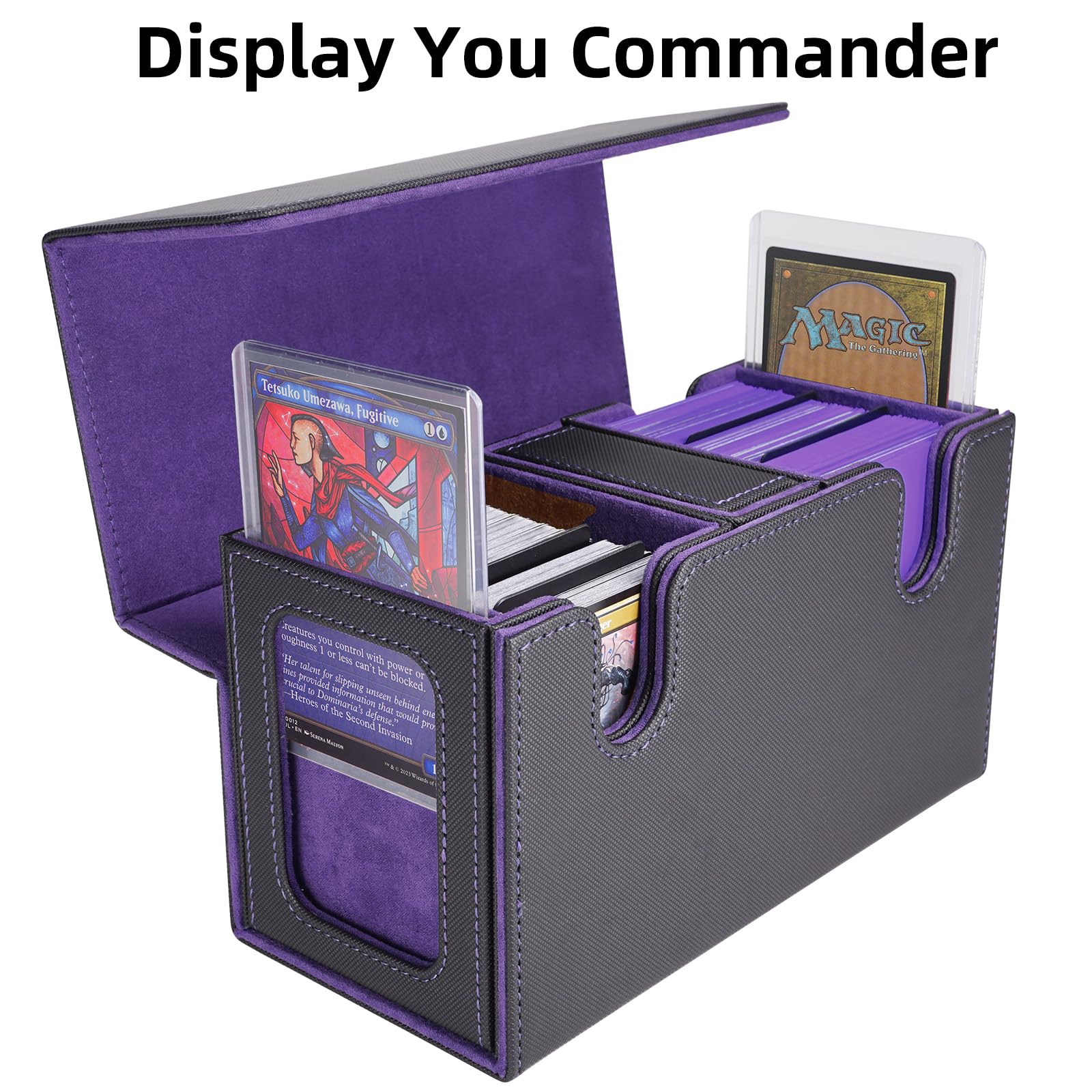 AFIING MTG Commander Deck Box 200 Double Sleeved Cards Storage, 3-in-1 Magnetic Card Case Organizer for Magic: The Gathering TCG CCG, 4 Dividers & 2 Toploaders Black/Purple - 7