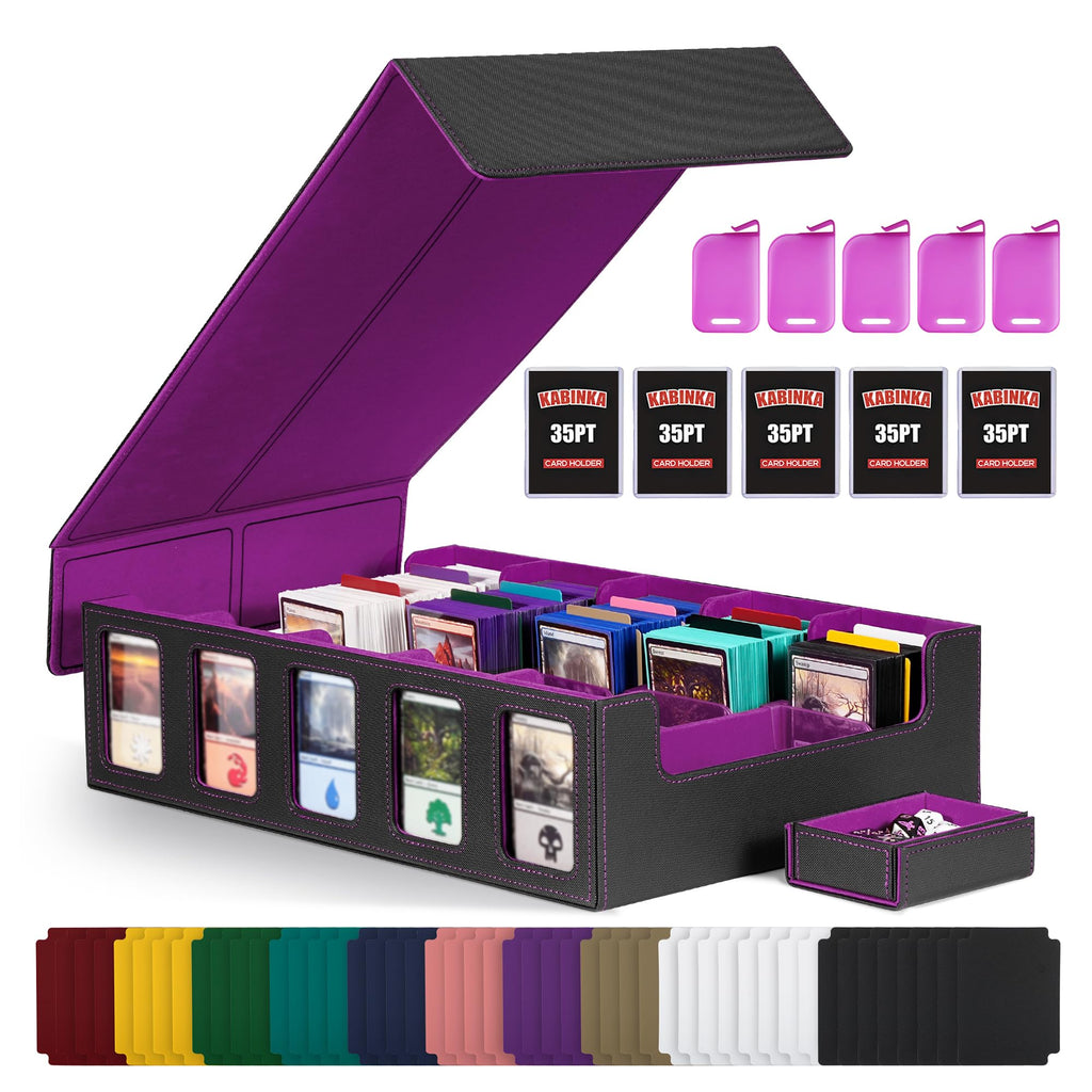 Trading Card Storage Box with Commander Display , 5-Row Deck Case with Removable Lid; 3900+ Card Deck Box for MTG TCG Sports Card, 5 Top Loaders, 5 Stoppers, 48 Dividers,1 Dice Tray (Black Purple)