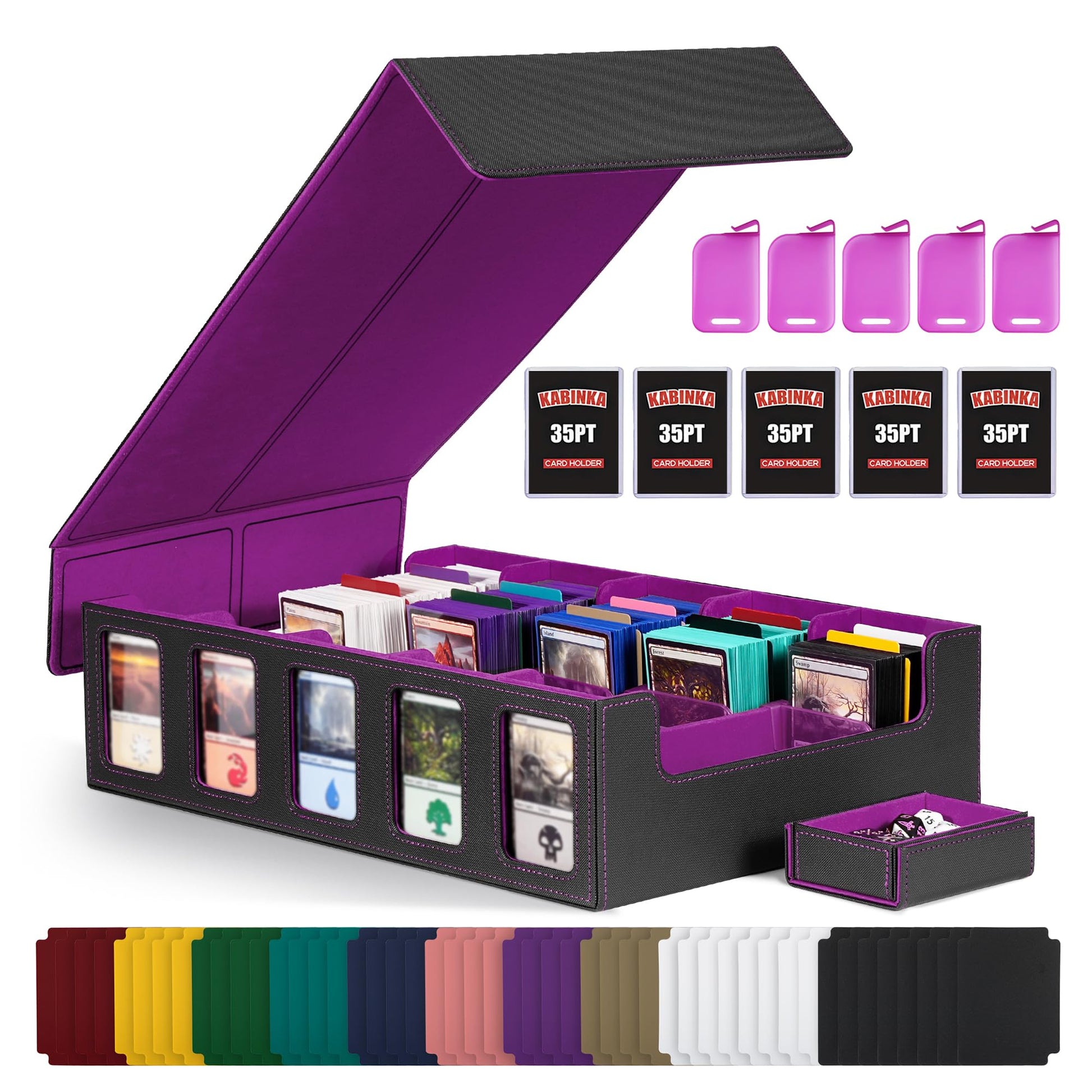 Trading Card Storage Box with Commander Display , 5-Row Deck Case with Removable Lid; 3900+ Card Deck Box for MTG TCG Sports Card, 5 Top Loaders, 5 Stoppers, 48 Dividers,1 Dice Tray (Black Purple)