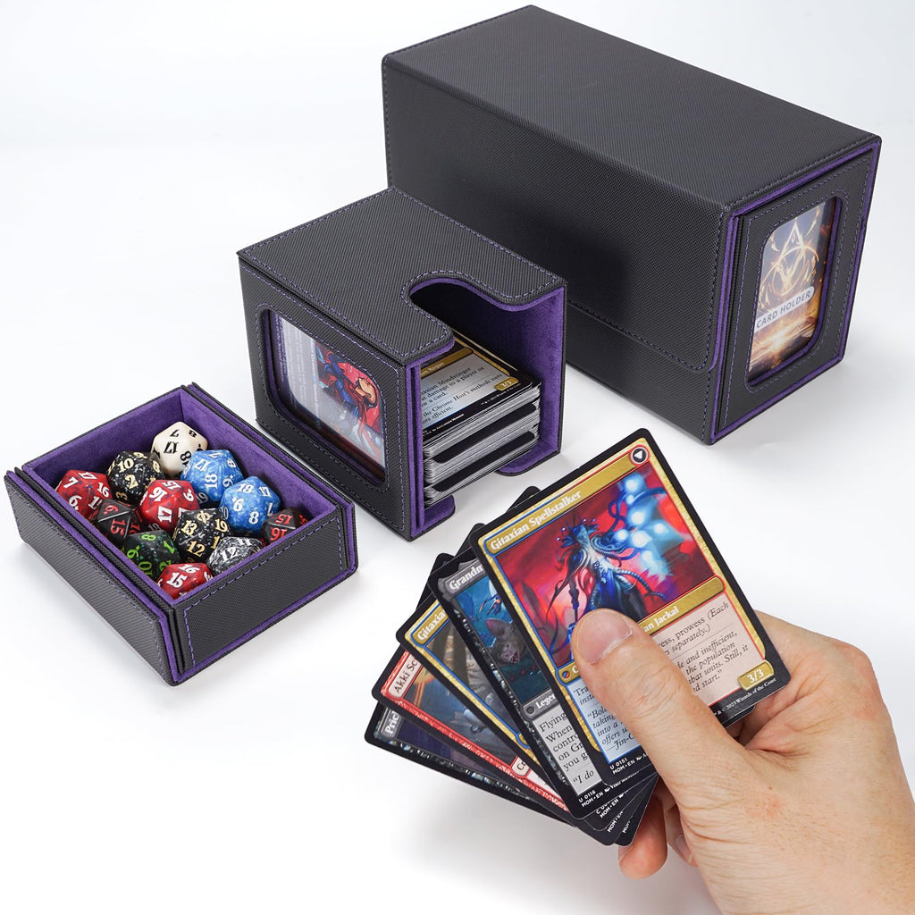 AFIING MTG Commander Deck Box 200 Double Sleeved Cards Storage, 3-in-1 Magnetic Card Case Organizer for Magic: The Gathering TCG CCG, 4 Dividers & 2 Toploaders Black/Purple - 2