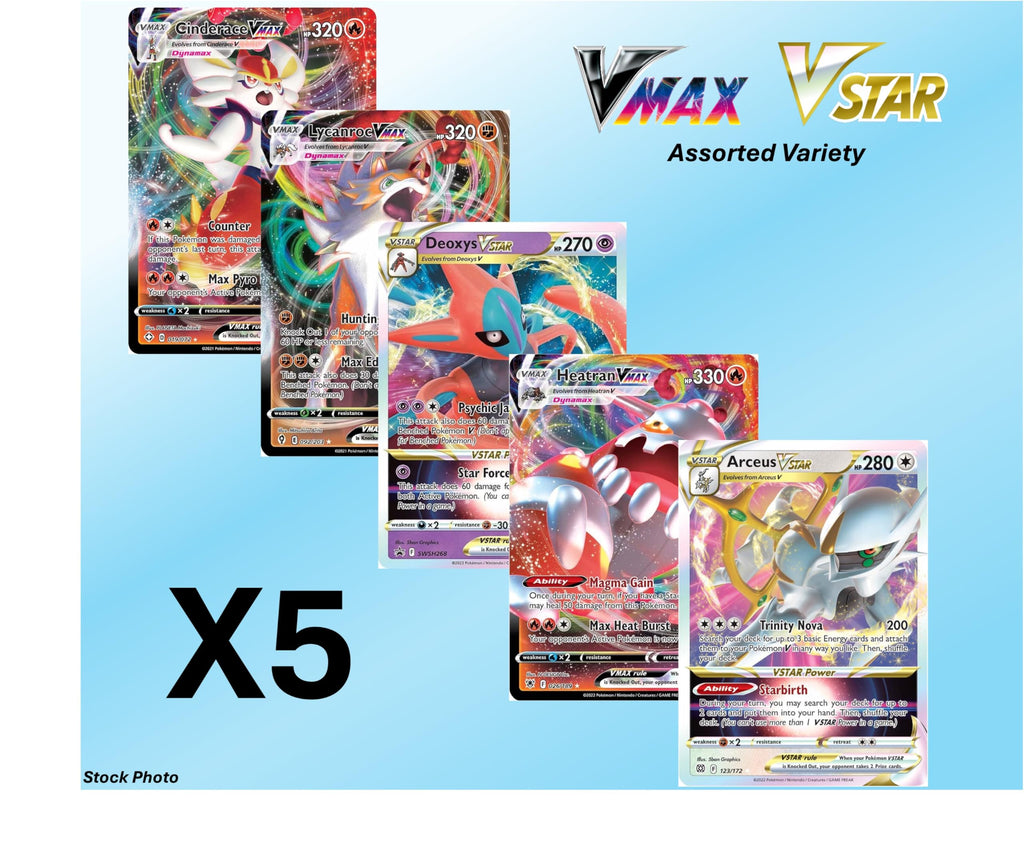 Pokemon - 5 VMAX/VSTAR Card Lot Bundle - No Duplicates - Full Art Etched Pokemon - 5