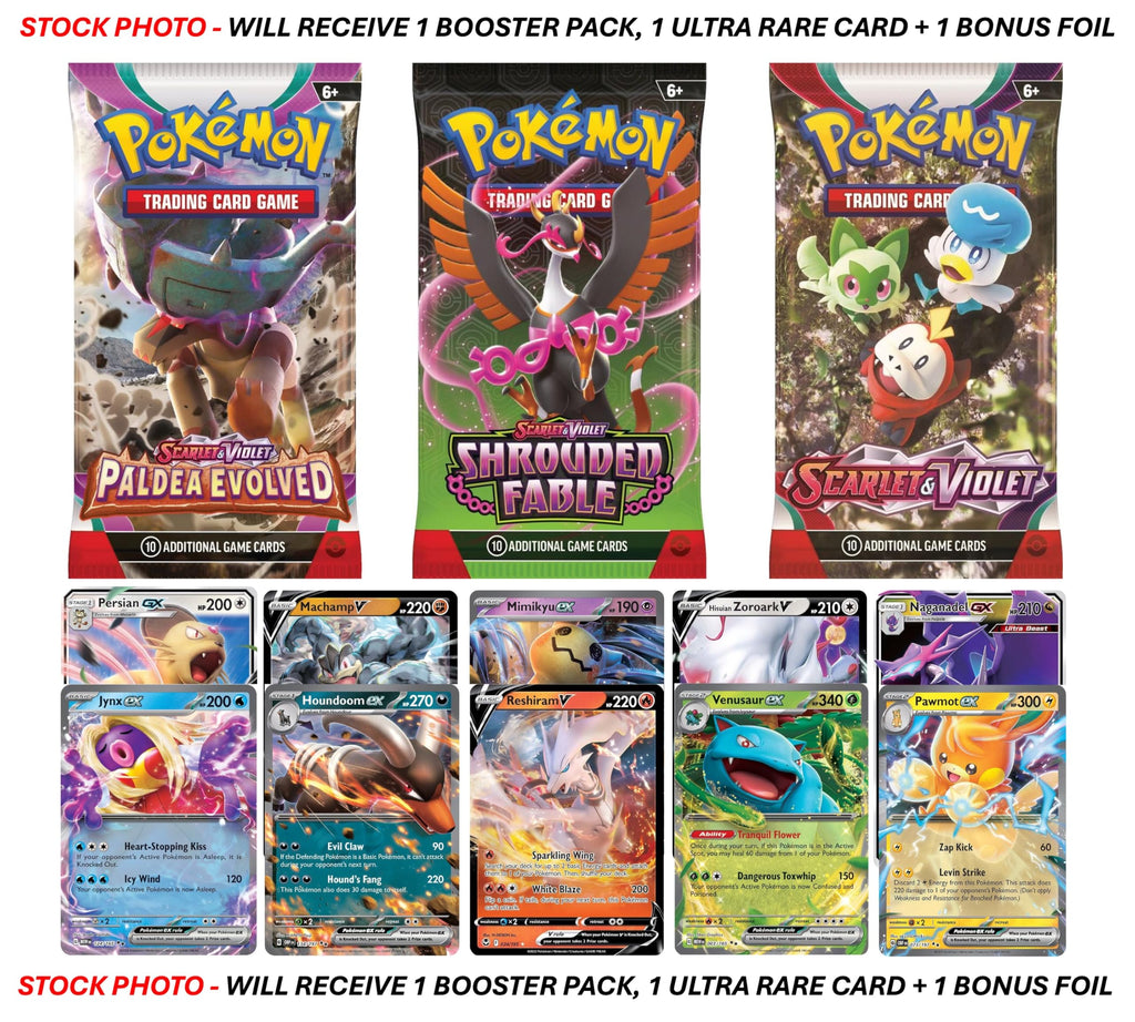Pokemon TCG: 1 Authentic Factory Sealed Booster Pack and 1 Ultra Rare (V, EX, GX, VMAX, VSTAR, Etc.) + 1 Bonus Holofoil Card - 7