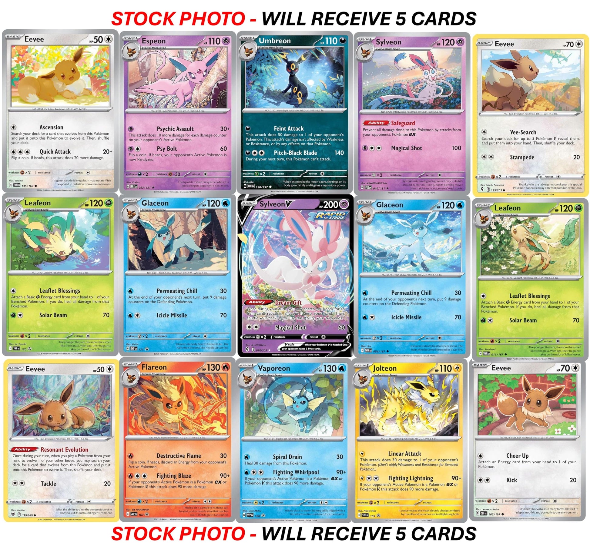 Pokemon Eevee Card Bundle - Guaranteed 1 Ultra Rare - 5 Eeveelution Holofoil Cards - No Duplicates - 3