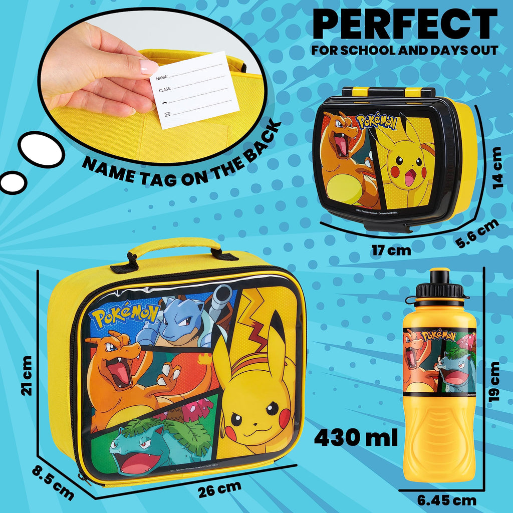 Pokemon Insulated Lunch Bag with Lunch Box Water Bottle Set for Kids 3 Piece School Snack Bag Pikachu Gifts for Kids (Yellow) - 3