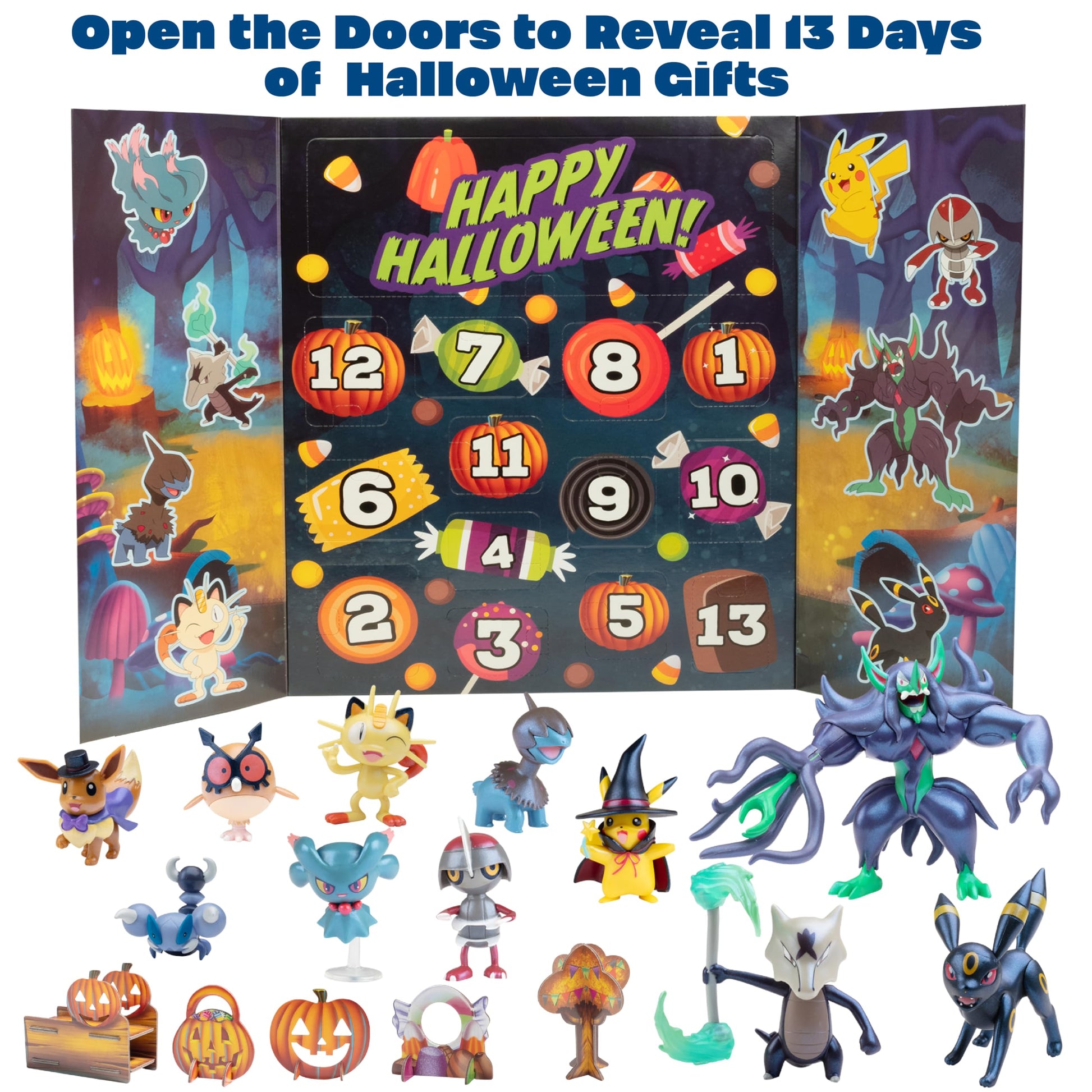 Pokemon Halloween Countdown Gift Set for Kids, 16 Piece Playset - Includes 11 Toy Character Figures & 5 Accessories - Pikachu, Eevee, Meowth & More - 4.5" Deluxe Action Grimmsnarl - For Boys & Girls Age 4+ - 8