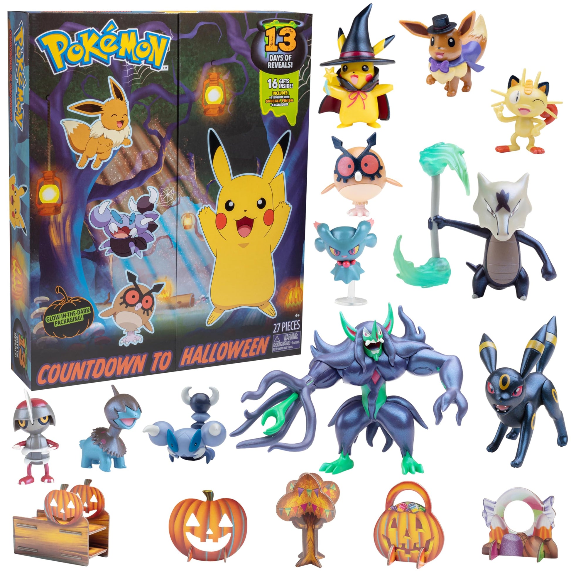 Pokemon Halloween Countdown Gift Set for Kids, 16 Piece Playset - Includes 11 Toy Character Figures & 5 Accessories - Pikachu, Eevee, Meowth & More - 4.5" Deluxe Action Grimmsnarl - For Boys & Girls Age 4+