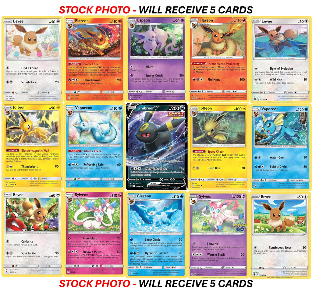 Pokemon Eevee Card Bundle - Guaranteed 1 Ultra Rare - 5 Eeveelution Holofoil Cards - No Duplicates - 4