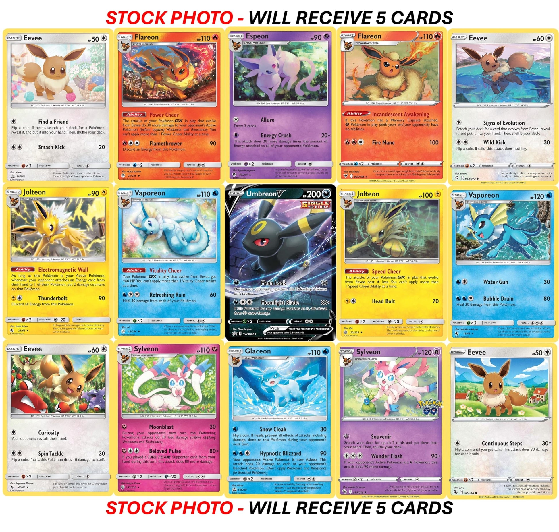 Pokemon Eevee Card Bundle - Guaranteed 1 Ultra Rare - 5 Eeveelution Holofoil Cards - No Duplicates - 4