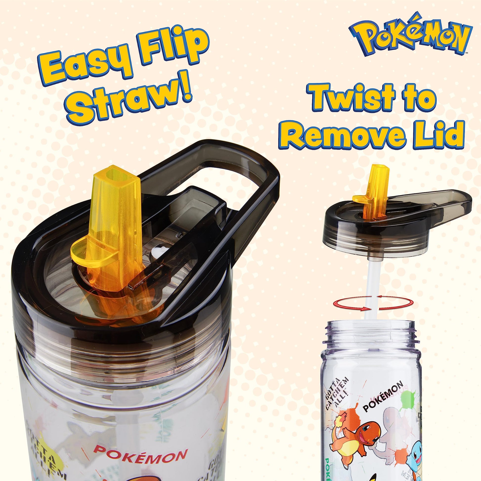 Pokemon Water Bottle for Kids with Straw, 19.6oz Plastic Reusable Drink Bottle - 2
