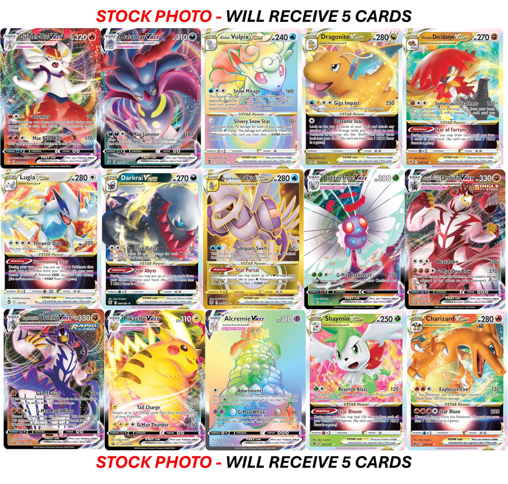5 Pokemon Card VMAX/VSTAR Bundle - X2 VSTAR - X2 VMAX - X1 Secret Rare - No Duplicates - 5
