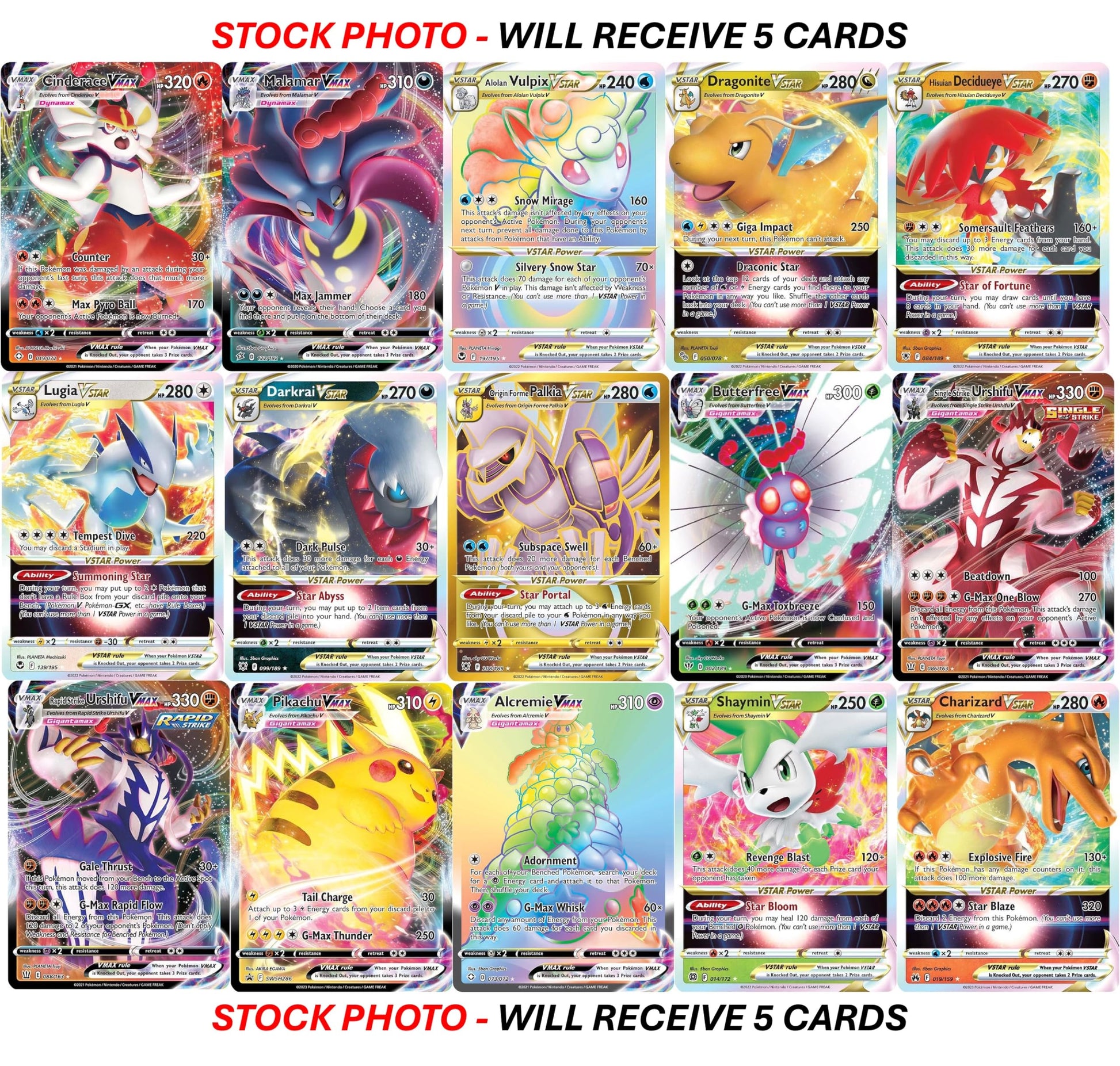 5 Pokemon Card VMAX/VSTAR Bundle - X2 VSTAR - X2 VMAX - X1 Secret Rare - No Duplicates - 5