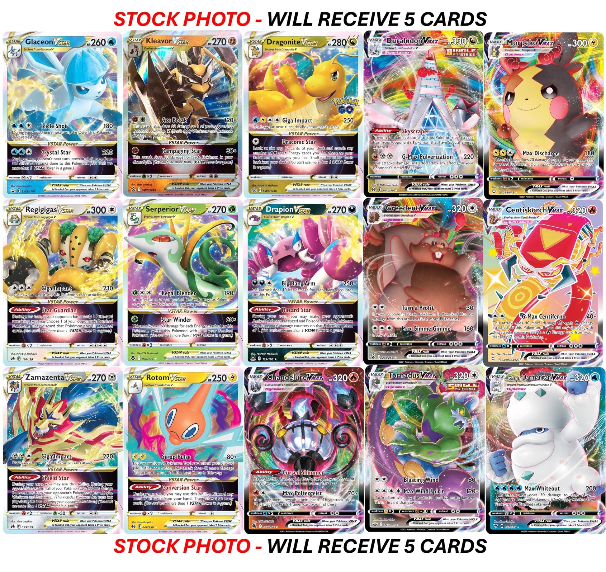 Pokemon - 5 VMAX/VSTAR Card Lot Bundle - No Duplicates - Full Art Etched Pokemon - 7
